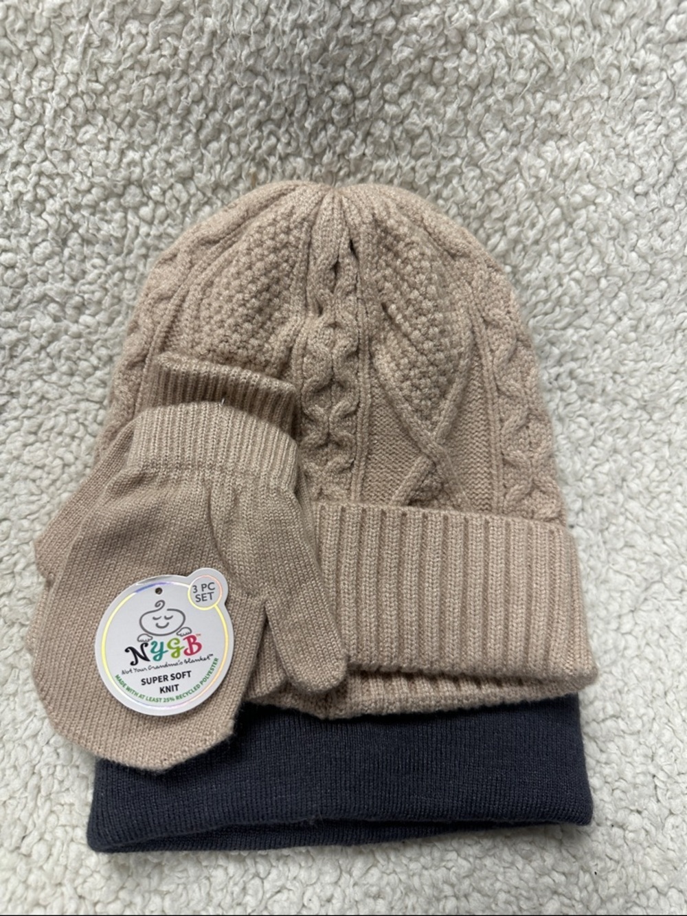 NYGB  Two hats and mittens, 3 piece set Tan and Gray, 12-24m. NWT